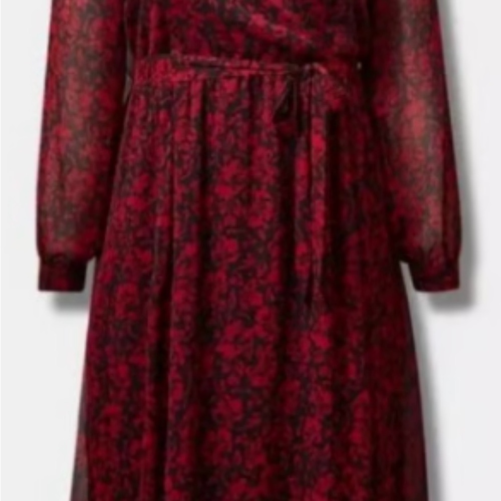 Torrid Women's 10 Red and Black Floral Long Sleeve Dress Pockets Balloon Sleeves - Picture 3 of 12